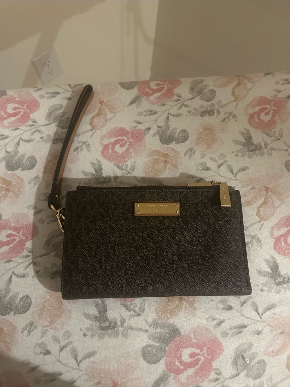 Michael Kors Dark Brown Logo Saffiano Leather Wristlet with Gold Hardware
